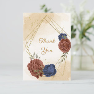 Carte De Remerciements terre cuite bleu marine fleuri mariage