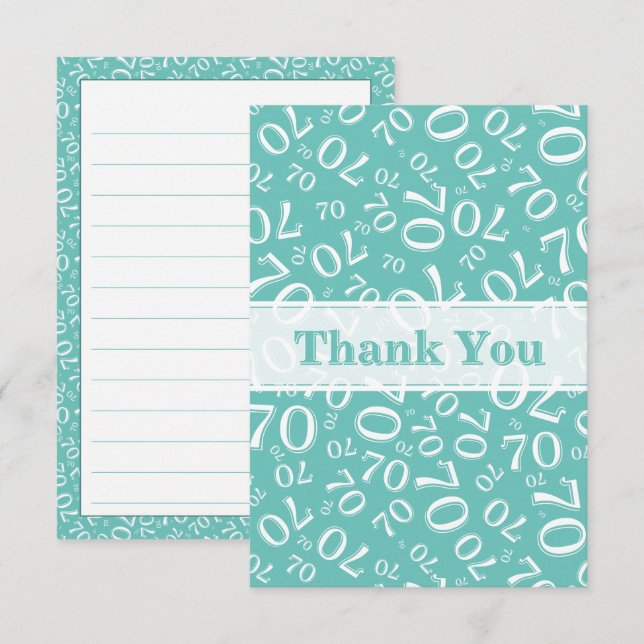 Carte De Remerciements Thank You 70 Birthday Number Pattern Teal/White (Devant / Derrière)