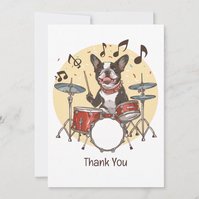 Carte De Remerciements Thank You Boston Terrier Dog Playing Drums (Devant)
