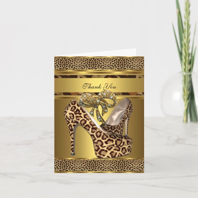 Carte De Remerciements Thank You Card Hi Heel Shoes Leopard Gold Bow (Devant)