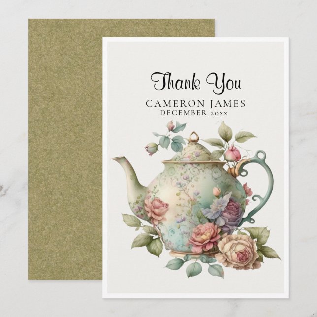Carte De Remerciements Théière à l'aquarelle élégante Fête du thé floral (Devant / Derrière)