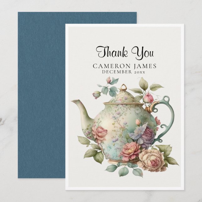 Carte De Remerciements Théière à l'aquarelle élégante Fête du thé floral (Devant / Derrière)