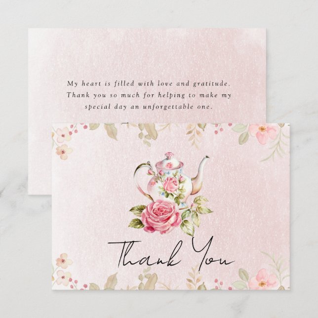 Carte De Remerciements Théière Florale Remerciements pour la Fête de Mari (Devant / Derrière)