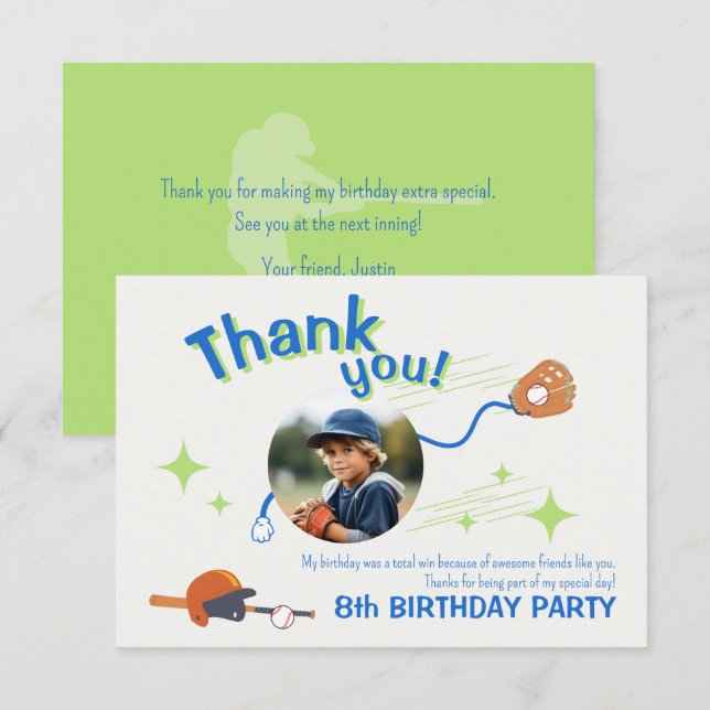 Carte De Remerciements Thème d'anniversaire baseball ludique pour enfants (Devant / Derrière)