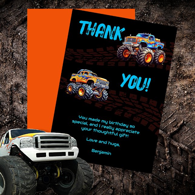Carte De Remerciements Thème de bash du camion monstre du garçon (Boy's Monster Truck Theme Birthday Bash Thank You Card)