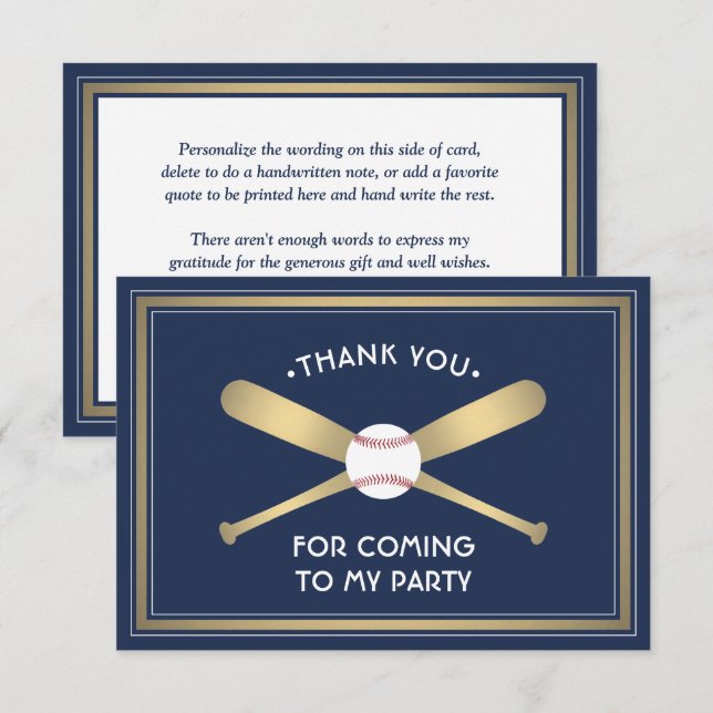 Carte De Remerciements Thème de fête baseball avec du texte personnalisé, (Devant / Derrière)