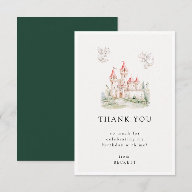 Carte De Remerciements Thème de fête d'anniversaire du château de dragon  (Devant / Derrière)
