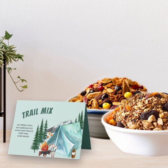 Carte De Remerciements Thème du camping Étiquette alimentaire modifiable  (Trail Mix bar table tent sign with editable ingredients)