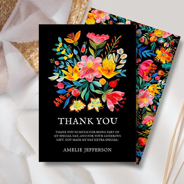 Carte De Remerciements Thème Floral de la Fiesta mexicaine noire (Créateur téléchargé)