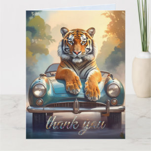 Carte De Remerciements Tigre assis sur une voiture de sport