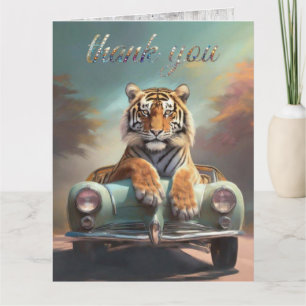 Carte De Remerciements Tigre assis sur une voiture de sport