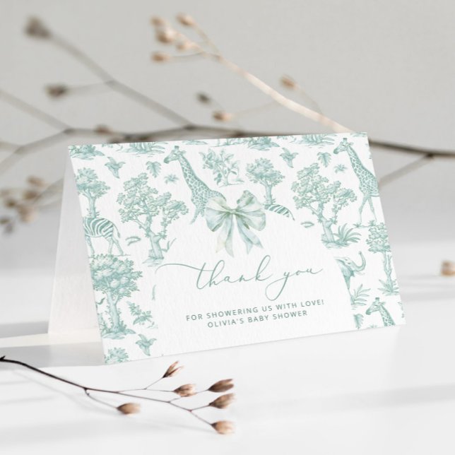 Carte De Remerciements Toile de Jouy Safari Baby shower vert Bow (Créateur téléchargé)