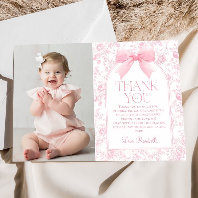 Carte De Remerciements Toile rose Bow Chinoiserie Girl Birthday Photo (Créateur téléchargé)