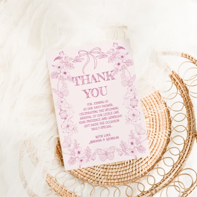 Carte De Remerciements Toile rose Floral De Jouy Baby shower fille (Créateur téléchargé)