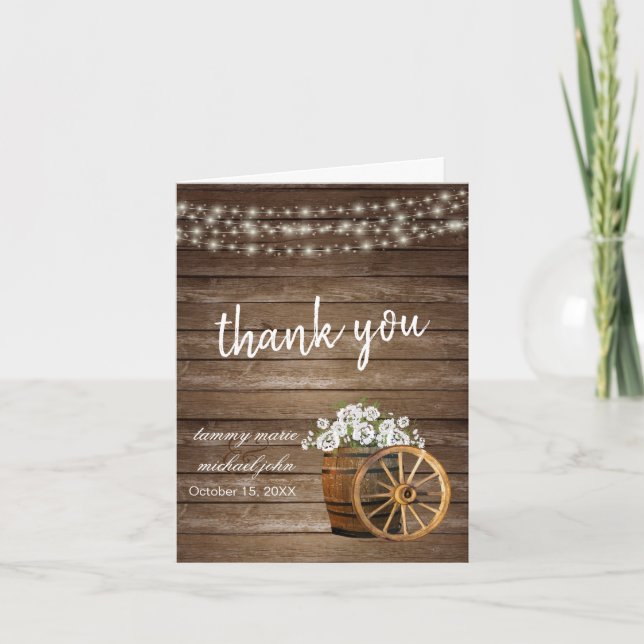 Carte De Remerciements Tonneau en bois rustique avec fleurs blanches (Devant)