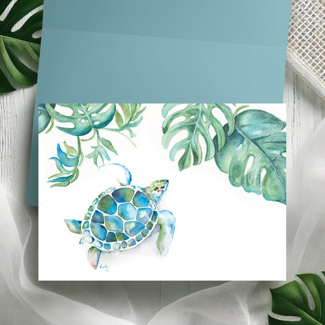 Carte De Remerciements Tortue de mer tropicale blanche dans l'aquarelle (Sea turtle palm leaf folded notecard watercolor art by Victoria Grigaliunas Do Tell A Belle)