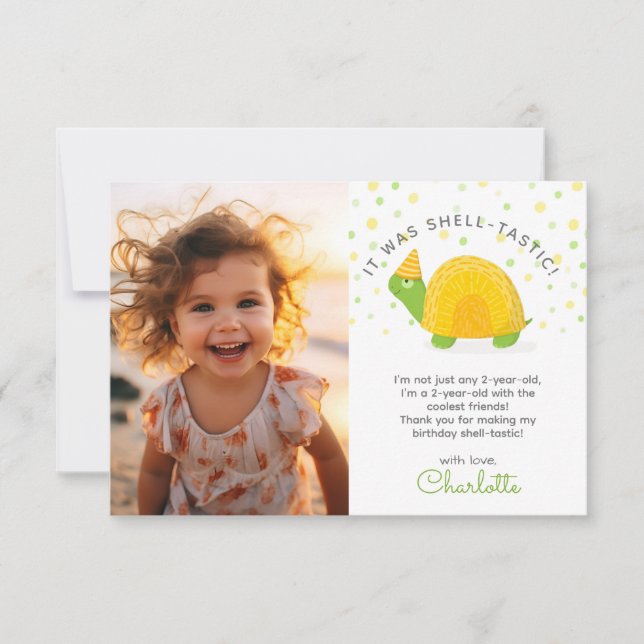 Carte De Remerciements Tortue, vert jaune, photo d'anniversaire d'enfant (Devant)