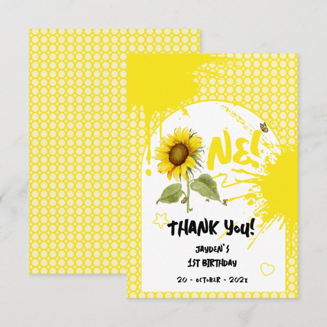 Carte De Remerciements Tournesol aquarelle avec papillons 1er anniversair (Devant / Derrière)