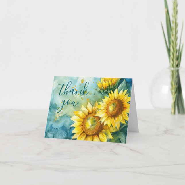 Carte De Remerciements Tournesol aquarelle sarcelle foncée (Devant)
