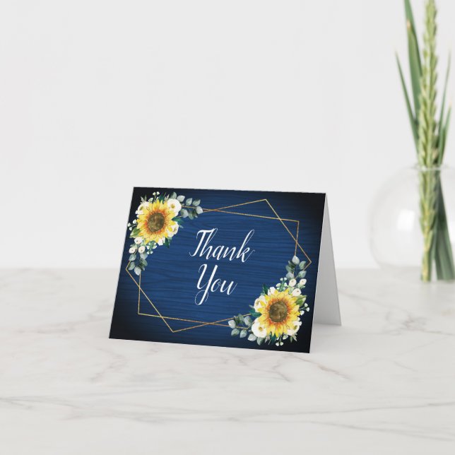 Carte De Remerciements Tournesol Blanc Floral Marine Bois Mariage géométr (Devant)