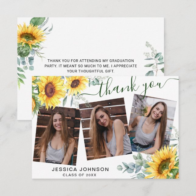 Carte De Remerciements Tournesol Eucalyptus Rustique 3 PHOTO Graduation (Devant / Derrière)