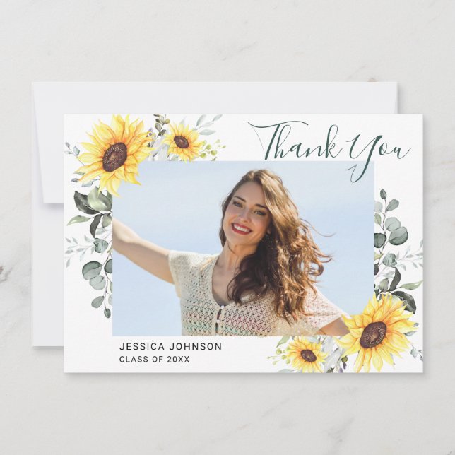 Carte De Remerciements Tournesol Eucalyptus Rustique 4 PHOTO Graduation (Devant)