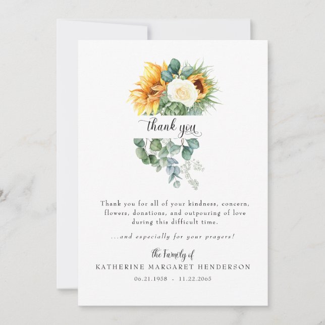 Carte De Remerciements Tournesol joyeux Remerciement de deuil Funéraire (Devant)