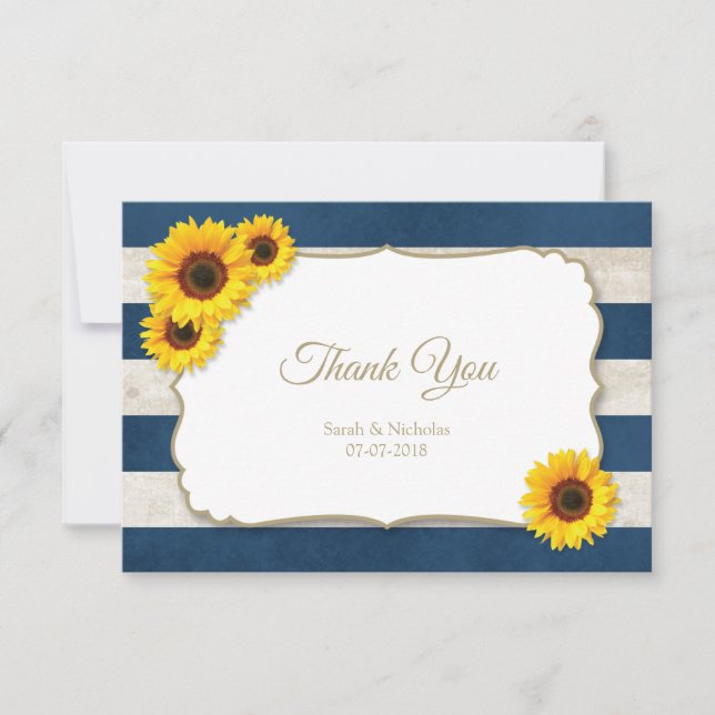 Carte De Remerciements Tournesol rayures Rustique Mariage d'été Marine bl (Devant)