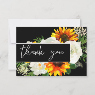 Carte De Remerciements Tournesol & Rose blanche Artsty Floral - Noir