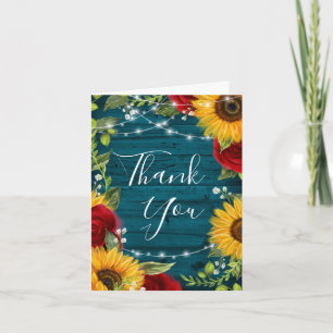 Carte De Remerciements Tournesol Rouge Rose Turquoise Bois rustique Maria