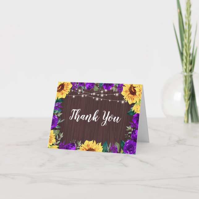 Carte De Remerciements Tournesol violet frontière florale Mariage Lumière (Devant)