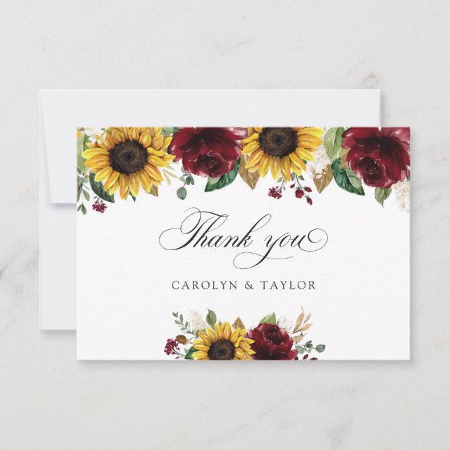 Carte De Remerciements Tournesols Bourgogne Rouge Floral Russe Mariage (Devant)