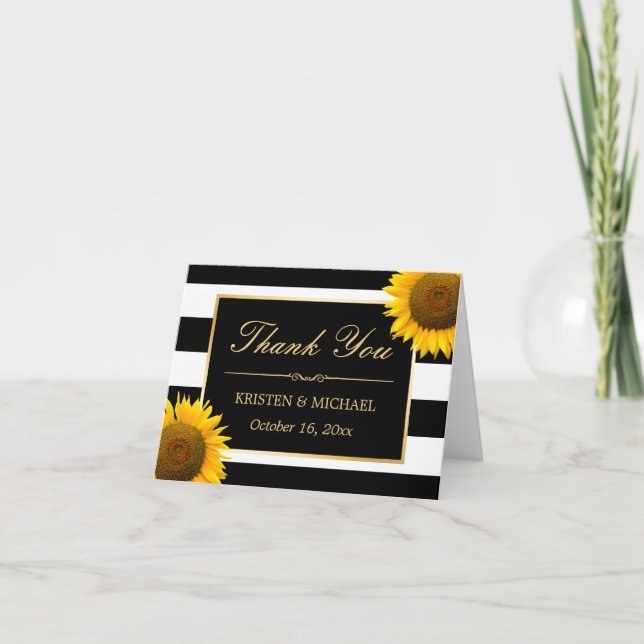 Carte De Remerciements Tournesols élégants Rayures noires et blanches Mer (Devant)