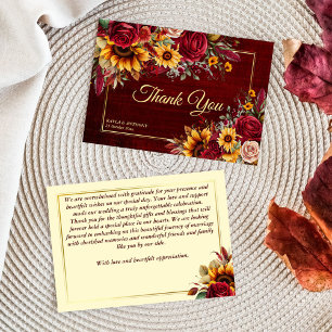 Carte De Remerciements tournesols jaunes mariage de automne bordeaux