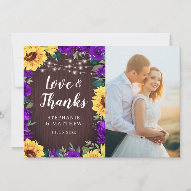 Carte De Remerciements Tournesols Rustiques Purple Floral Bois Mariage Ph (Devant)