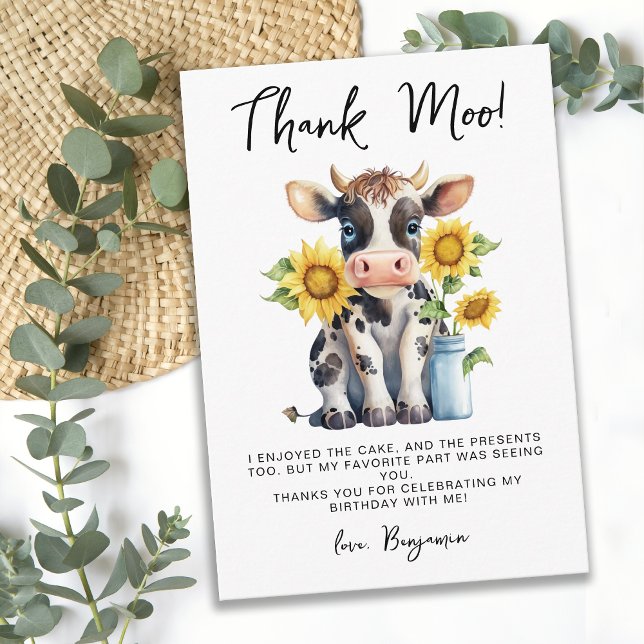Carte De Remerciements Tournesols Vache Mignonne Moderne Simple Ferme Ann (Créateur téléchargé)