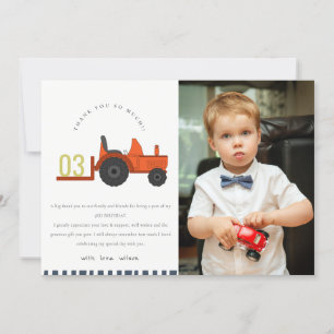 Carte De Remerciements Tracteur de ferme rouge mignon Enfants Photo Anniv