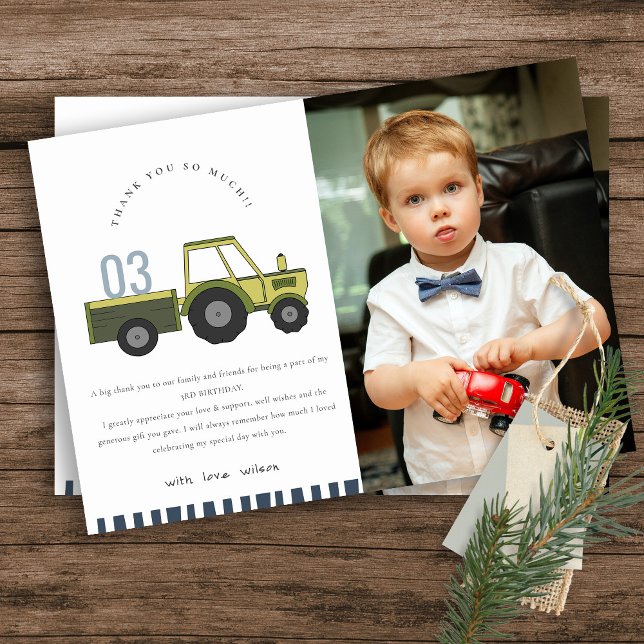 Carte De Remerciements Tracteur de ferme vert bleu mignon Enfants Photo A (Créateur téléchargé)