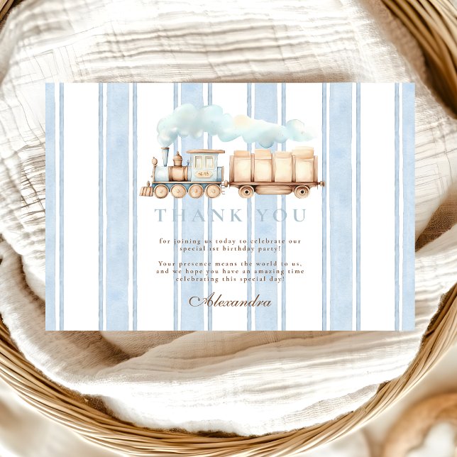 Carte De Remerciements Train bleu vintage 1er anniversaire (Créateur téléchargé)