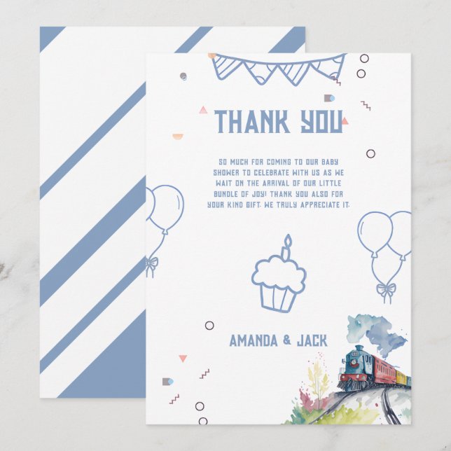 Carte De Remerciements Train Blue Balloons garçon Baby shower Whimsical (Devant / Derrière)