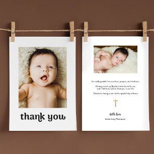 Carte De Remerciements Trendy Gold cross Modern 2 Baby Photos Baptême