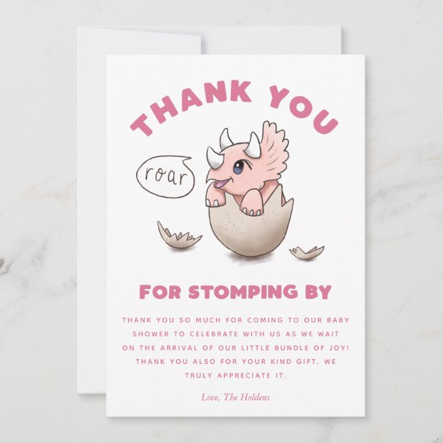 Carte De Remerciements Tricératops de Baby shower de dinosaures roses (Devant)