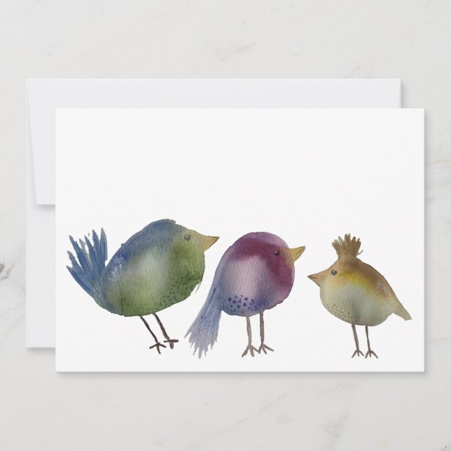 Carte De Remerciements Trois Petits Oiseaux, Peinture Aquarelle (Devant)