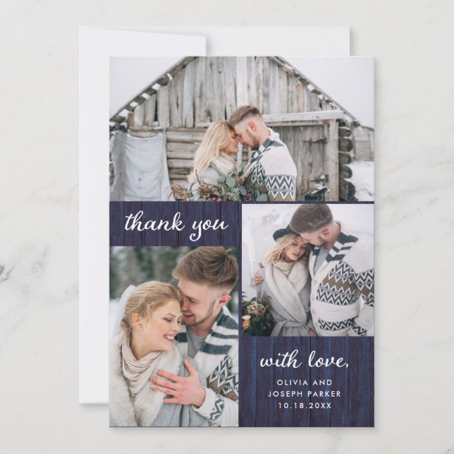 Carte De Remerciements Trois photos sur Rustic Blue Wood Look | MARIAGE (Devant)