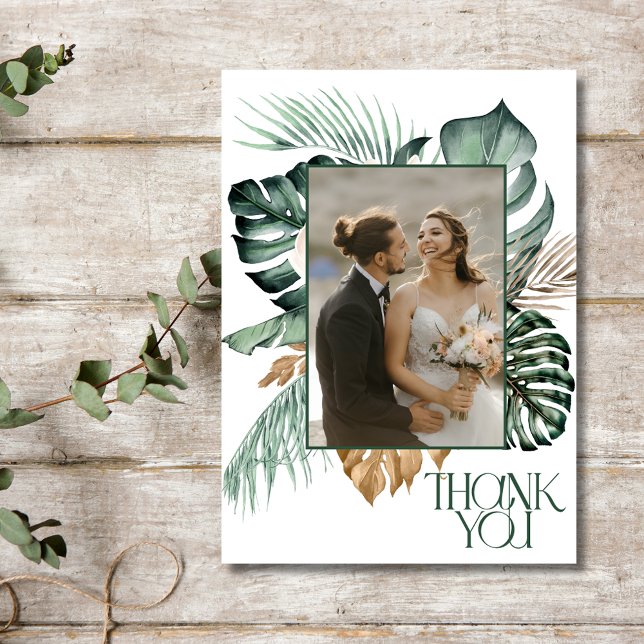 Carte De Remerciements Tropical Floral 2 Photo Plage Mariage (Tropical Floral 2 Photo Beach Wedding Thank You Card)