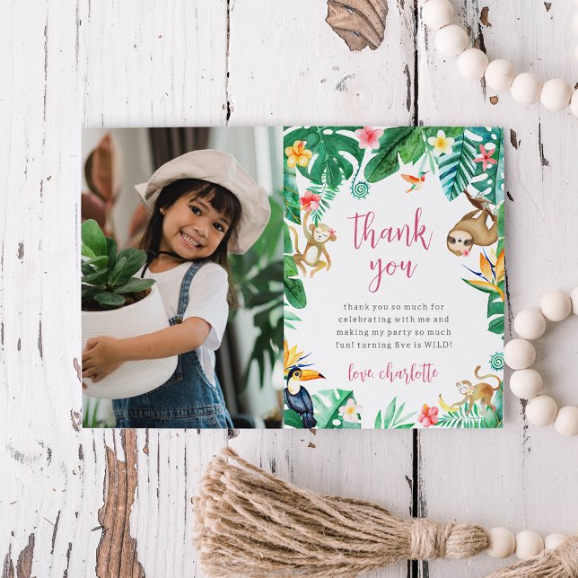 Carte De Remerciements Tropical Floral Jungle Animaux Anniversaire de enf (Créateur téléchargé)