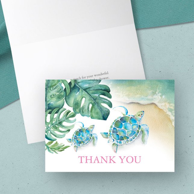 Carte de remerciements tropicale Aquarelle Tortue  (Thank you card tropical watercolor sea turtle and palm leaf art by Victoria Grigaliunas DoTellABelle)