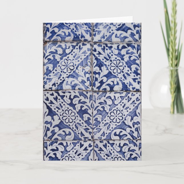 Carte De Remerciements Tuiles portugaises - Azulejo Floral bleu et blanc (Devant)