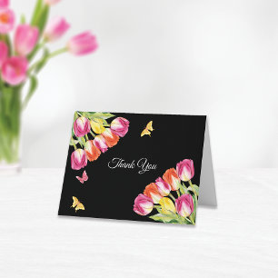 Carte De Remerciements Tulipes et papillons Fête des mariées noire