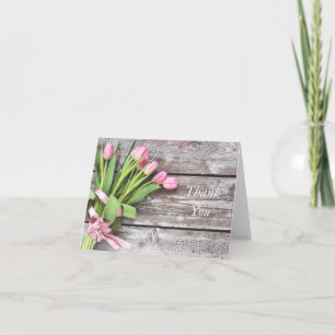 carte de remerciements : Tulipes roses et bois
